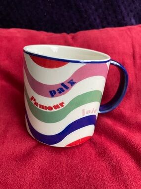 Anthropologie White Ceramic Mug with Multicolor Wavy Stripes